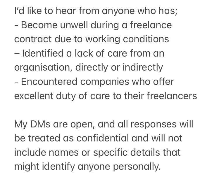 🧠CALLOUT 🧠 I’m researching preventative actions that support freelancers Mental Health in the theatre &amp; arts industry. 
Information below and alt text is in the image.
DMs are open and all responses will be treated confidentially. Please please share amongst your networks 💕