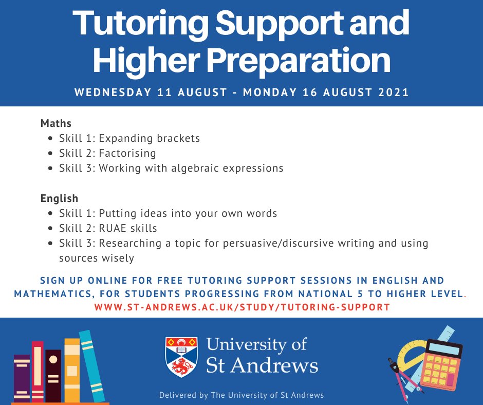 AccessStAN's tweet photo. Starting today!

@univofstandrews will be running six online English and Maths tutoring support and higher preparation sessions, specifically for students going into S5. 👨‍🎓👩‍🎓

Head over to our webpage to learn more and sign up for your place! 💻 https://t.co/egNjTAjbZE https://t.co/jD9HRYB383