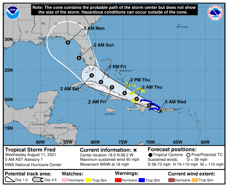 NWSTampaBay's tweet photo. Here is the latest advisory for Tropical Storm Fred, located near Puerto Rico. The storm is forecast to move across Hispaniola today, then between Cuba and the Bahamas on Thursday and Friday. Tropical Storm conditions may be possible for Florida over the weekend. #flwx https://t.co/w9VGWjxFDM