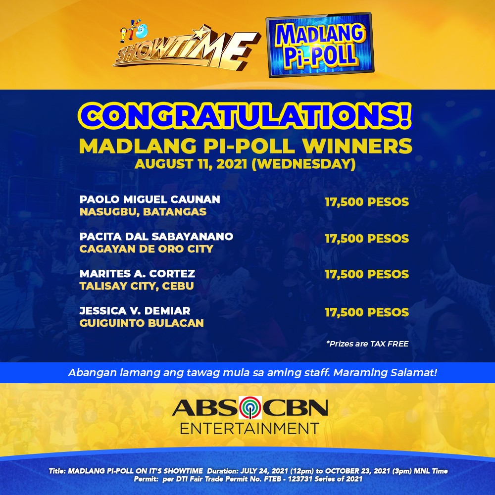 olivezarate's tweet photo. Congratulations sa ating apat (4) na Kapamilya na maghahati sa Php 70,000 na papremyo ngayong Miyerkules sa Madlang Pi-POLL! 💙💛 #ShowtimePollTheWin https://t.co/4N2Nw54gZh