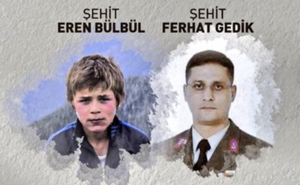ishakalim's tweet photo. Terör örgütü Pkk'nın alçak saldırısıyla şehit düşen Karadeniz’in cesur evladı Eren Bülbül’ü ve onu korumaya çalışırken şehit düşen Astsubay Ferhat Gedik’i rahmetle anıyorum. 

Ruhları şad, mekânları cennet olsun. 

 #iyikivarsınEren https://t.co/5LVp3qy43b
