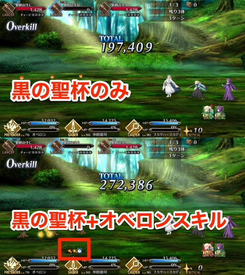 Fgo攻略班 Appmedia オベロンのスキル3 宝具威力アップブースト ですが おそらく自分にかかっている宝具バフが大きくなるって感じのスキルですね 画像は両方黒の聖杯を持たせて オベロンのスキル3を使ったパターンのダメージ差です Bバフはq宝具の
