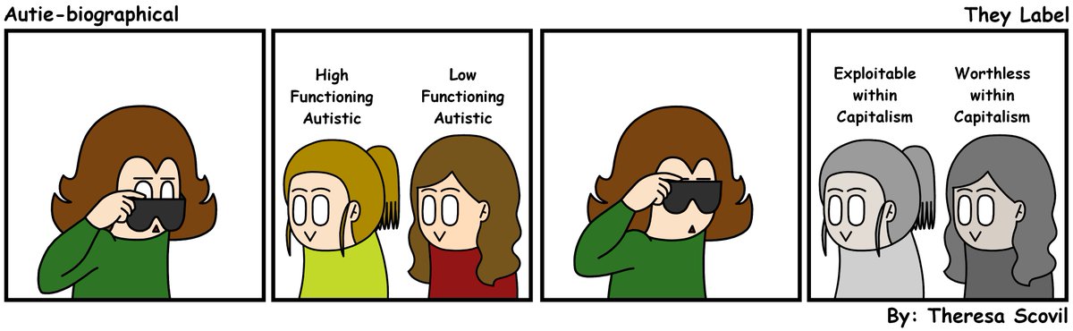 "High Functioning" and "Low Functioning" just seem to be labels for how well an autistic person can function within capitalism. They're not used to help us. They're used by neurotypicals to determine our worth in their eyes.

#AutieBiographical #ActuallyAutistic #TheyLive