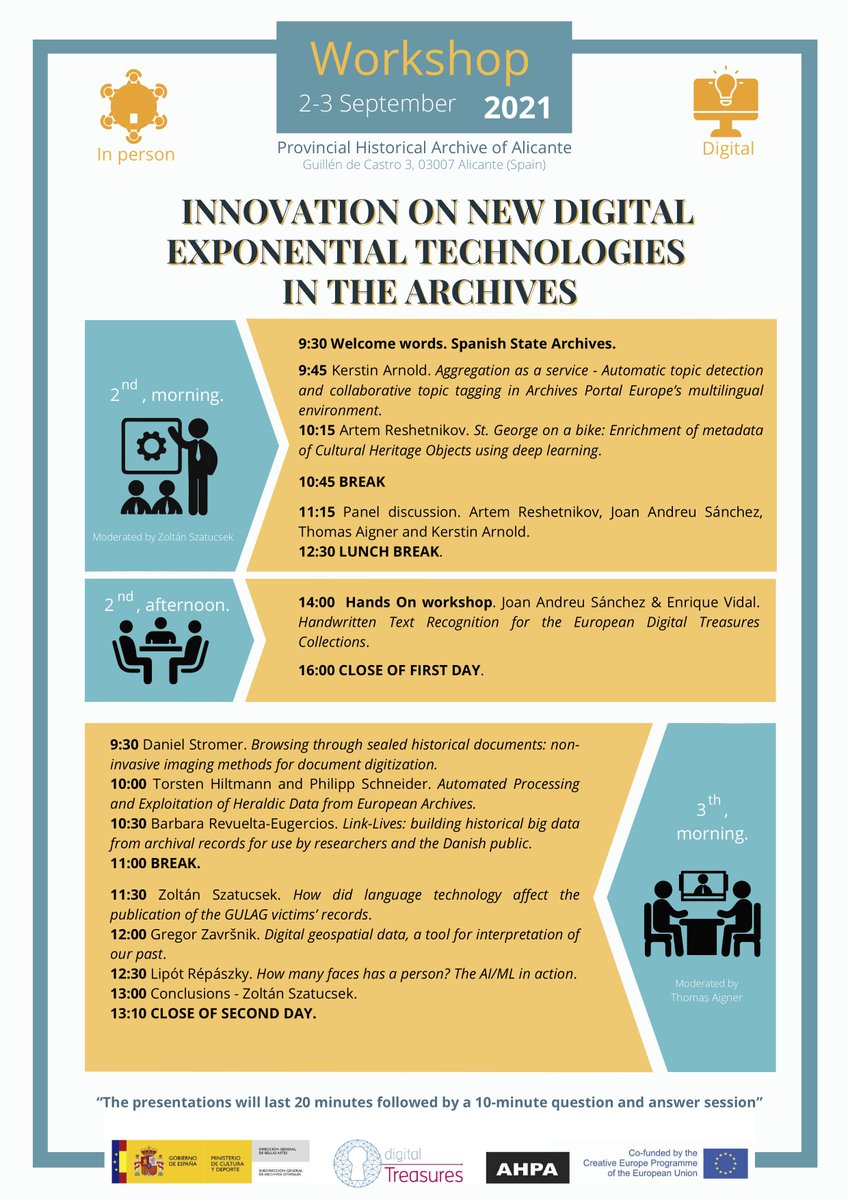 Come & attend the #workshop 'Innovation on new digital #exponentialtechnologies towards the generation of #BusinessModels', of the project #eudigitaltreasures!  
➡️Sept 2-3 at the @AhpAlicante ⬅️
📃Register: forms.gle/ZSAocB7HaMQYtD…📃
@ArchivosEst @MTU_TEL_Team