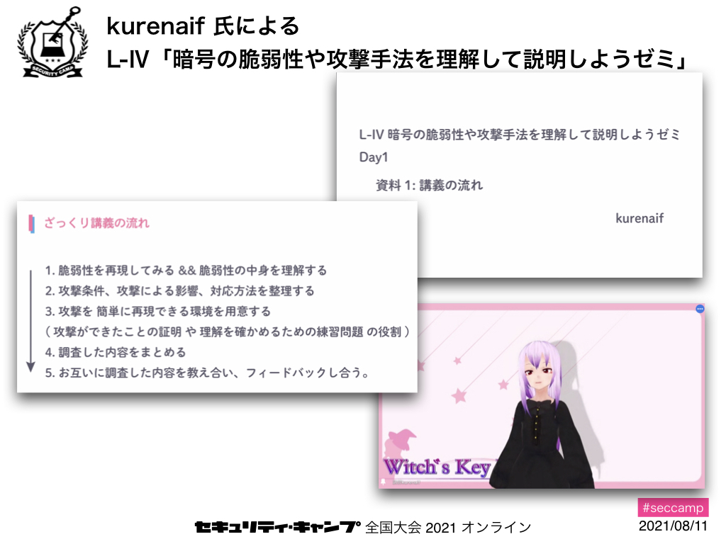 セキュリティ キャンプ On Twitter 全国大会集中コースl 暗号の脆弱性や攻撃手法を理解して説明しようゼミ では 現役vtuberのkurenaif氏による講義が行われています 実装ミスによって脆弱性が生まれた実際の事例を振り返った後 脆弱性の理解へと進んでいます