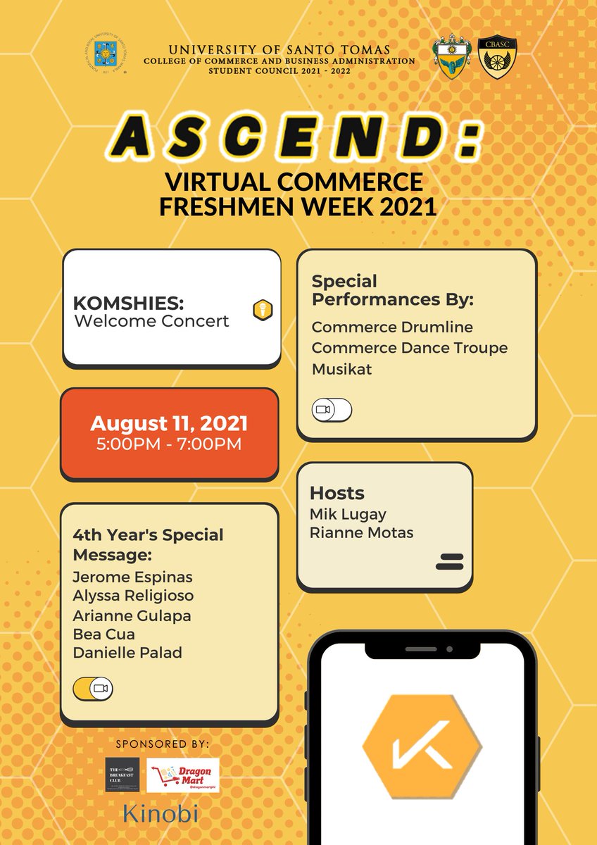 USTCBASC's tweet photo. 1/3: A blessed afternoon, Ka-Komersyo! 💛
After meeting your blockmates, let us join as Komshies for the most exciting Welcome Concert stream via Facebook Live! https://t.co/jtld1vFnD7