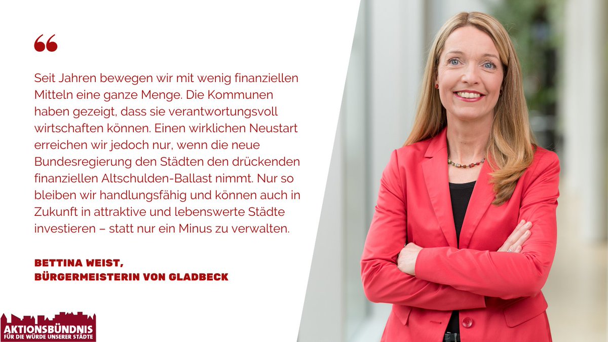 Die Last für die Kommunen aufgrund der ungerechten Finanzverteilung in Deutschland ist hoch, die Kommunen brauchen dringend einen Neustart. Dafür setzen sich hier Oberbürgermeister*innen, Bürgermeister*innen und Landrät*innen ein - diesmal: Bettina Weist aus Stadt Gladbeck.