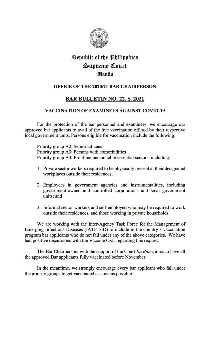 mikenavallo's tweet photo. Bar Exams Chair SC Justice Marvic Leonen encourages Bar applicants to get vaccinated by their LGUs. Says SC working with IATF to get all Bar applicants vaccinated by November and to procure #COVID19 testing kits. https://t.co/PwvBoX641t