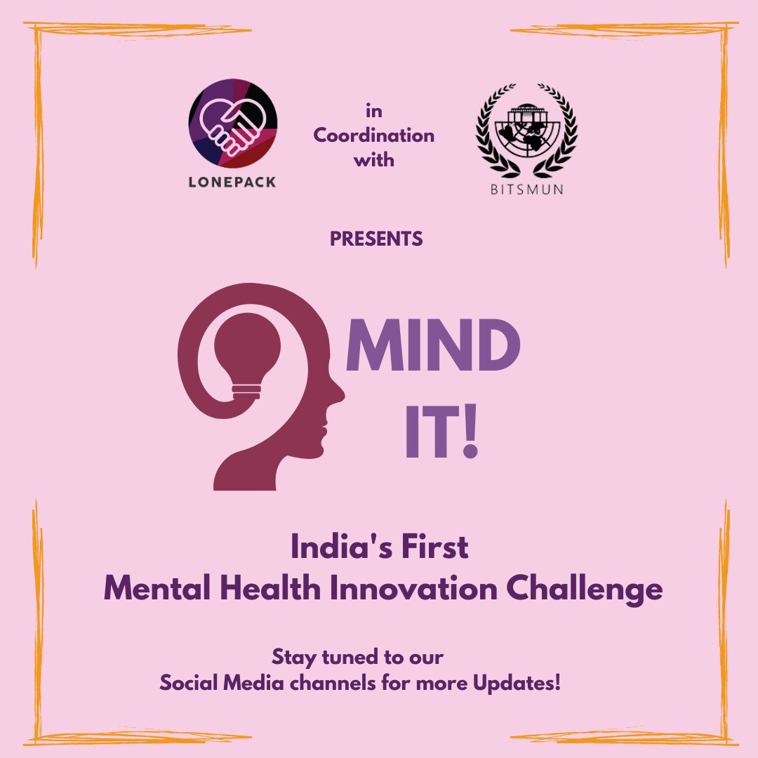 🥁🥁🥁 We're pumped to share that we'll be organizing India's 🇮🇳 first Mental Health Innovation Challenge in association with <a href="/bitsmungoa/">BITSMUN GOA</a> !! Follow our social media handles to know more!

Super excited on what's in store :D #LonePack #MentalHealthMatters #Hackathon