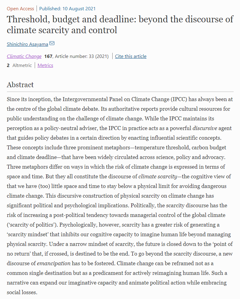 🚨 NEW PAPER ALERT 🚨

As now <a href="/IPCC_CH/">IPCC</a> WG1 AR6 #ClimateReport is on everyone's lips, maybe it is a good time to read my new #openaccess paper in Climatic Change. In this paper, I delved into how the #IPCC helped enact the discourse of 'climate scarcity'.

link.springer.com/article/10.100…