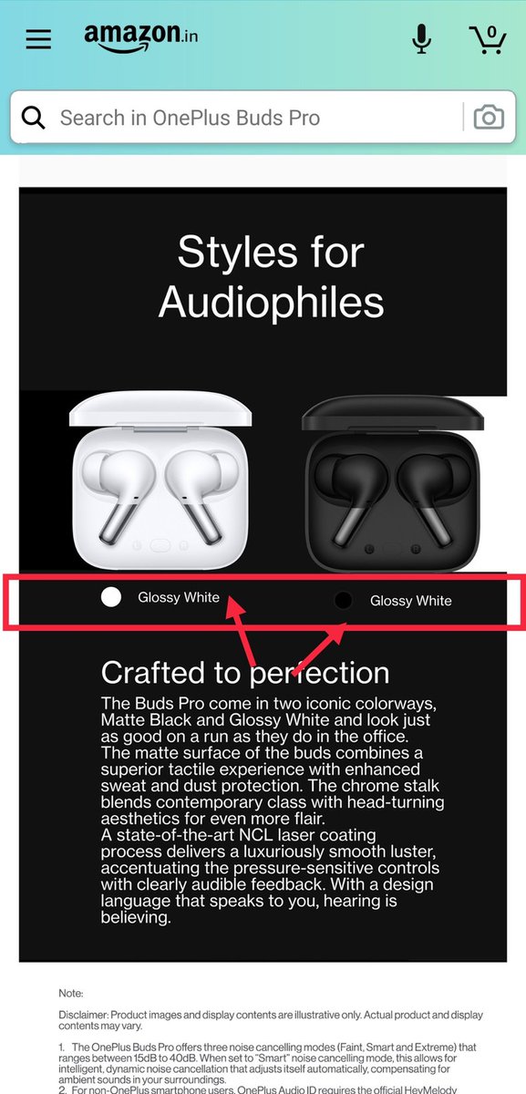Sharkey271197's tweet photo. Do they both look Glossy White. Please fix this. Take care of your branding. @amazonIN   @AmazonNews_IN #OnePlusBudsPro  #OnePlus #unboxtherapy @MKBHD @UnboxTherapy  @OnePlus_IN https://t.co/6McyUKE3lz