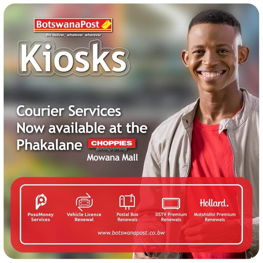 Botswana_Post's tweet photo. Botswanapost is excited to introduce Courier Services at the kiosk in Choppies (Mowana Mall) in Phakalane. Avoid long queues and visit the kiosk to get more services. We deliver whatever, wherever #BotswanaPost https://t.co/XfENdCDGT0
