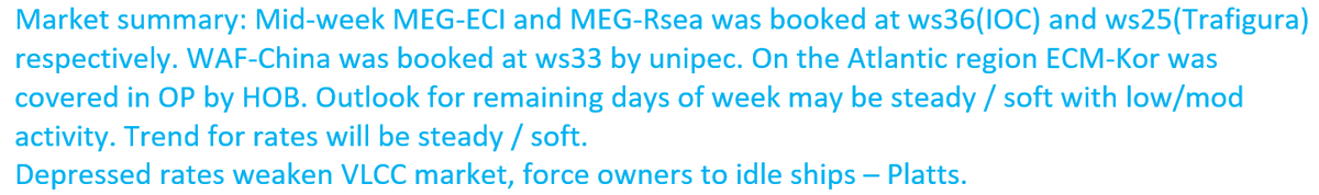 #VLCC market summary
 #OOTT #oil #tankers #Shipping #ships #Brokers #chartering #dirty #wet #ports #operations #vlcc #shippingindustry #Crude #CrudeOil #Bunker #Oil #Analytics #OPEC #energy #freight #CanadianOil #WTI #transport #IEA #Bloomberg #news #splash