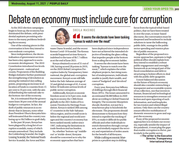 As the political campaign season heats up, the economy has dominated the debate, presidential aspirants promising solutions to the problems bedeviling the economy. One of the missing pieces in this conversation is how they intend to cure endemic #corruption. Writes <a href="/SheiMasinde/">Sheila Masinde</a>