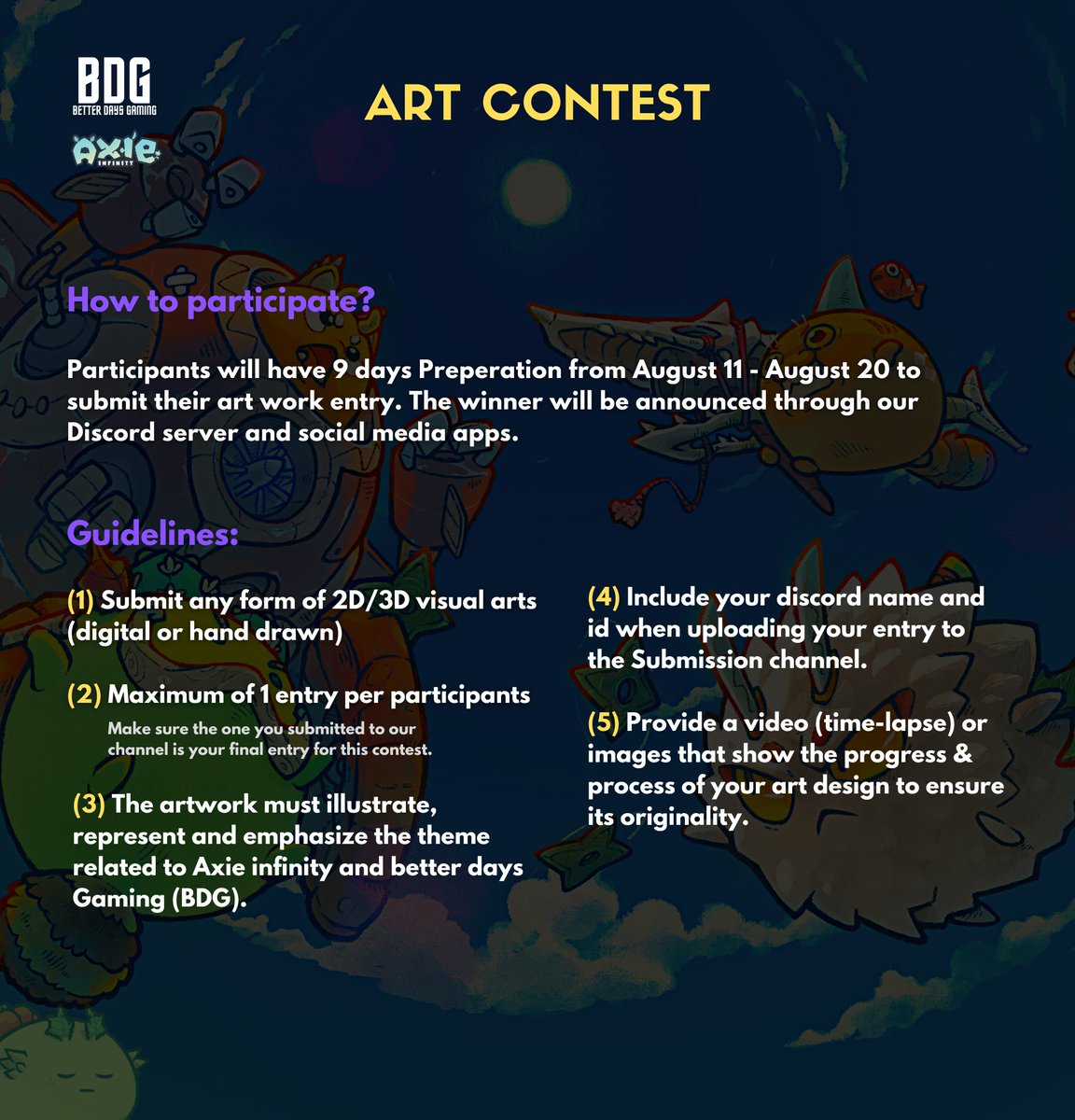 ARTISTS IT'S YOUR TIME TO SHINE! 🎨

BETTER DAYS GAMING(BDG) is hosting another contest and everyone CAN JOIN! We will be giving another scholarship for this art contest. 🥳 

<a href="/AxieInfinity/">Axie Infinity</a>
#bdg #AxieInfinity #axieinfinityscholarship