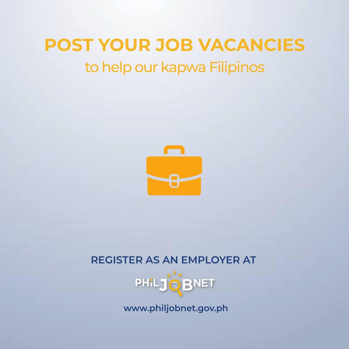 PhilJobNet's tweet image. Employers! Magpost na ng inyong mga job vacancies sa ating PhilJobNet site. 

Tulungan natin ang mga kababayang nawalan ng trabaho ngayong panahon ng pandemya. Magregister lamang sa philjobnet.gov.ph. #PhilJobNet #JobSearch