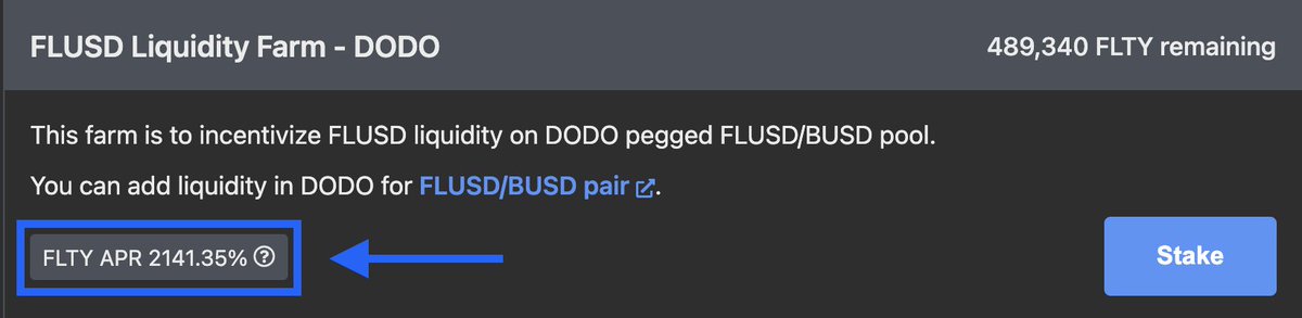 The #DODO pegged FLUSD/BUSD pool has over 2100% APR right now!!! 🚀🚀🚀 Details: 500,000 $FLTY rewards for 1 month on DODO pegged pool $FLUSD / $BUSD LP Visit fluity.finance/#/farm to get started! #Fluity #BinanceSmartChain #BSC #DeFi