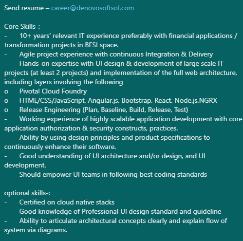 denovosoftsol's tweet photo. Job Role-: UI Architect
Demand role-: StrategicDesignerL2
Experience-: 10 - 14 yrs
Send resume – career@denovosoftsol.com
#React #CSS #HTML5 #JavaScript #modernJavaScriptframeworks #UIdevelopment #UIarchitect #pivotalcloudfoundary #angularjs #itoperation #webservice https://t.co/eRmyYgAt52