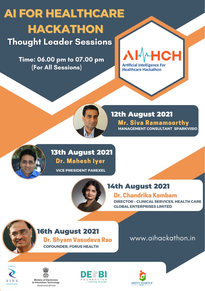 ai_hackathon's tweet image. In partnership with the @SINEIITB, @MSH_MeitY and @GoI_MeitY, @derbifoundati0n is organising AI FOR HEALTHCARE HACKATHON

There are thought leader sessions too, organised under AI for Healthcare Hackathon from tomorrow.

Zoom link: bit.ly/3iDemWC
Passcode: 240863