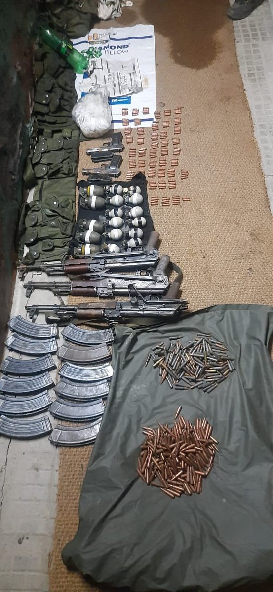 ANI's tweet photo. Jammu and Kashmir Police have recovered three AK-47s along with 358 rounds, 12 AK rifle magazines, two pistols, four pistol magazines, 16 grenades during an operation in Tarbal village in Gurez sector, Bandipora district https://t.co/NynGyD9YNB