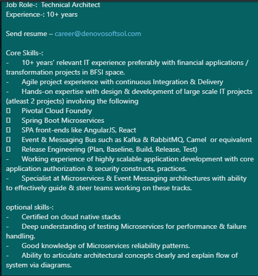denovosoftsol's tweet photo. Job Role-:  Technical Architect 
Experience-: 10+ years 

Send resume – career@denovosoftsol.com  
#cloudcomputing #AWS #Azure #Python #Javascript #Java #Powershell #scripting #shellscripting #microservice #pivotalcloudfactory #angularjs #springboot #reactjs #releaseengineering https://t.co/d1cDyCJnqz