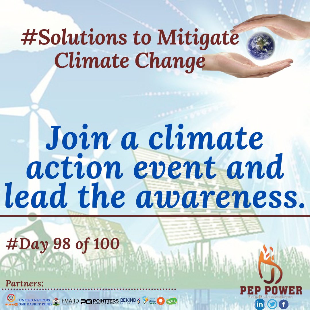 ♻️ Solutions to mitigate climate change ♻️

🌴Day 98/100🌳

'Join a climate Action event and lead the awareness'

#Fact #Environment #PepWorkshop #Impact #ClimateChange #Solutions #PowerTraining @olamidurodola @FmardNg