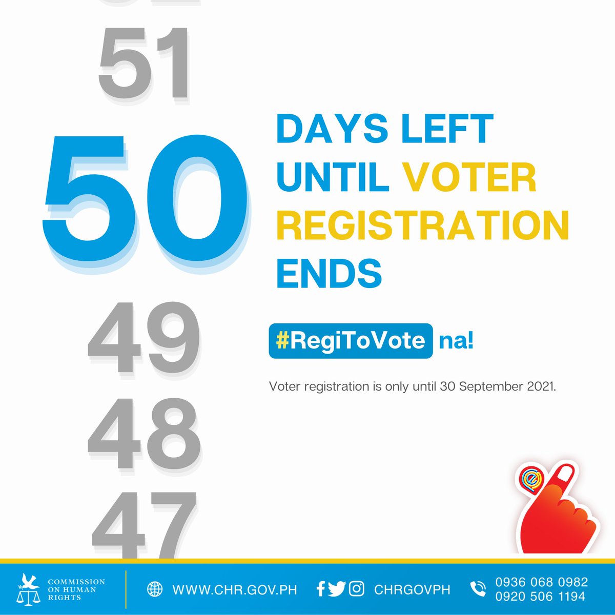 chrgovph's tweet image. Kung isa ka sa mga naghahangad sa  mas maayos at mapayapang Pilipinas, ito na ang sign mo upang magparehistro o magpareactivate at bumoto sa darating na halalan.

#ParaSaBukasNatin
#ExerciseYourRightToVote
#RightToVote
#RegiToVote
