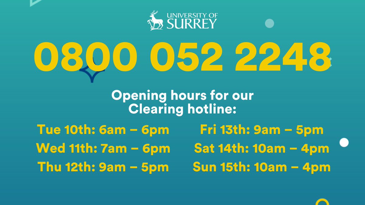 UniOfSurrey's tweet photo. Our #Clearing hotline remains open every day this week. Please call 0800 052 2248 within the hours below. Calls outside of these times won't be answered.

You can find a lot more info on our website: https://t.co/eHhSYTeHSh https://t.co/KND98M3UQE