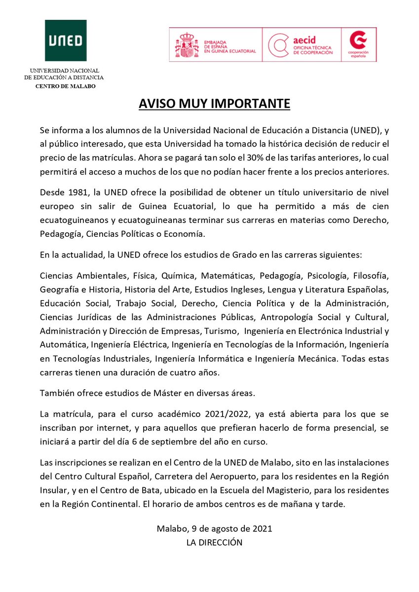 Nos comparte #UNEDguinea: la <a href="/UNED/">UNED</a> «ha tomado la histórica decisión de reducir el precio de las matrículas. Ahora se pagará tan solo el 30% de las tarifas anteriores, lo cual permitirá el acceso a muchos de los que no podían hacer frente a los precios anteriores...»