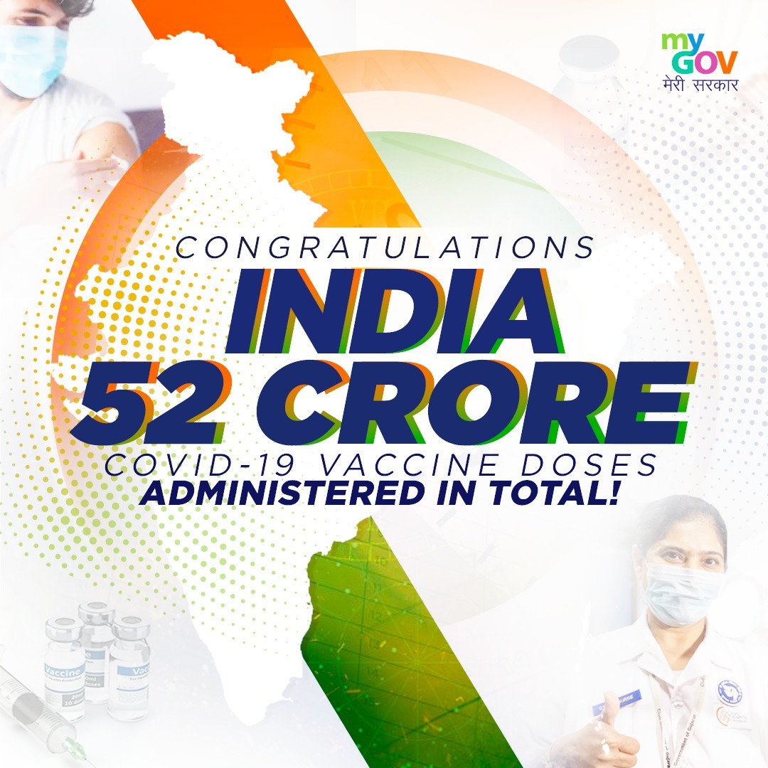 mygovindia's tweet photo. India takes yet another leap in the fight against #COVID19 by administering over 52 Crore vaccines under the world’s #LargestVaccineDrive. 

For more real-time updates, visit: https://t.co/t8yHLhHqZa #IndiaFightsCorona https://t.co/MpawSPzKys