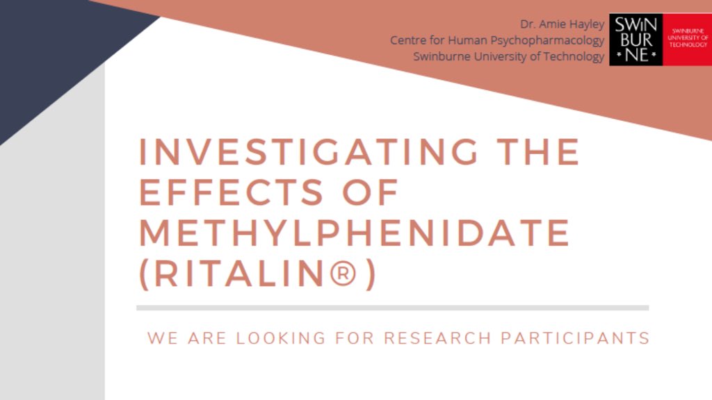 🚨 Seeking healthy participants aged 21-45 years! 

<a href="/SwinCHP/">Centre for Human Psychopharmacology</a> are investigating how #ritalin affects cognition, behaviour, mood, and driving performance 🚗 
 
For more info, please contact Dr Amie Hayley at ahayley@swin.edu.au or the study team at ritalin@swin.edu.au 📧