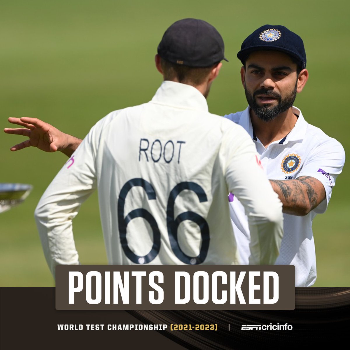 cricinfo's tweet photo. JUST IN: Both England and India have been docked two points and fined 40% of their match fee for a slow over-rate in the first #ENGvIND Test at Trent Bridge.

Both teams now have two points apiece in the #WTC23 standings https://t.co/mszVY4yLZG