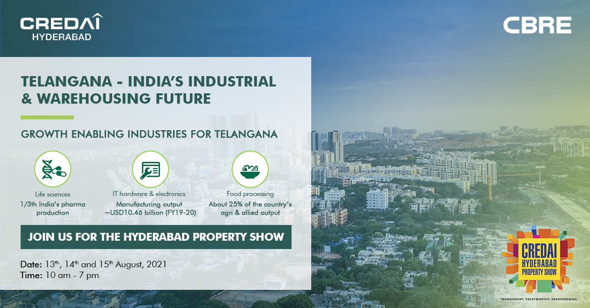 CBRE_India's tweet photo. #DidYouKnow, Telangana accounts for 5% of India’s national GDP, and is one of the fastest growing states.
Know what’s propelling this rapid industrial growth; join us on 13th August 2021 - all #COVID19 protocols to be followed.

#RealEstateIndia #HyderabadRealEstate https://t.co/j1gn8sbgsI