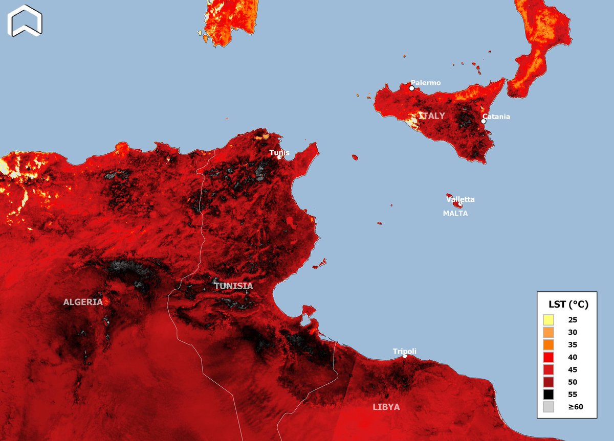 Extreme #heatwave over the Mediterranean, with very high temperatures in #Tunis, #Tunisia, #Algeria and #Sicily, #Italy. The Land Surface Temp. by #Copernicus #Sentinel3 on August 10 shows values above 55 Celsius triggering high fires risk. <a href="/EKMeteo/">Etienne Kapikian</a> #ClimateEmergency #canicule