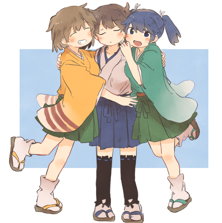 hiryuu (kancolle) ,kaga (kancolle) ,souryuu (kancolle) multiple girls japanese clothes 3girls green hakama brown hair hakama short skirt hakama  illustration images