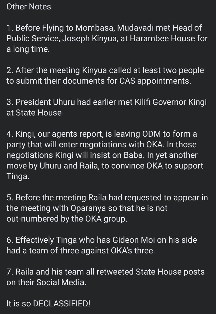 OleItumbi's tweet photo. The Hustler Nation Intelligence Bureau (HNIB) agents picked the following from the Mombasa @StateHouseKenya Presidential Project meeting yesterday.

It is so DECLASSIFIED! https://t.co/Fxt9YGioLW