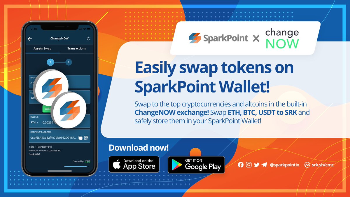 sparkpointio's tweet image. Swap your tokens conveniently with the built-in ChangeNOW Exchange in our SparkPoint Wallet! 💰
Download the wallet now and proceed to
@ChangeNOW_io Exchange. 🚀
🌐srk.sh/ioswallet
🌐srk.sh/wallet
#SparkPoint #SparkPointWallet #ChangeNOW