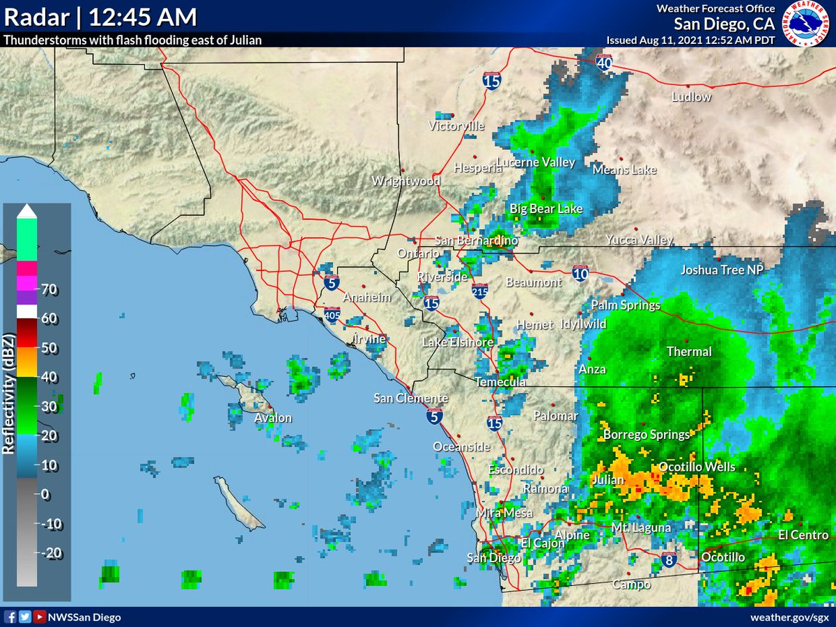 Nws San Diego On Twitter Thunderstorms With Flash Flooding East Of Julian Isolated Showers And Thunderstorms Farther West Into The Los Angeles Area Increasing Coverage Near San Diego Movement Slowly Westward Cawx