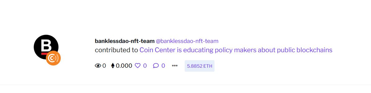 We've donated a total of 5.885225 ETH to <a href="/coincenter/">Coin Center</a> This is the 25% from the sale of the "Ultra Sound Bat" NFT

This donation will help fight for crypto regulation in the U.S.

Thank you everyone who made this possible.