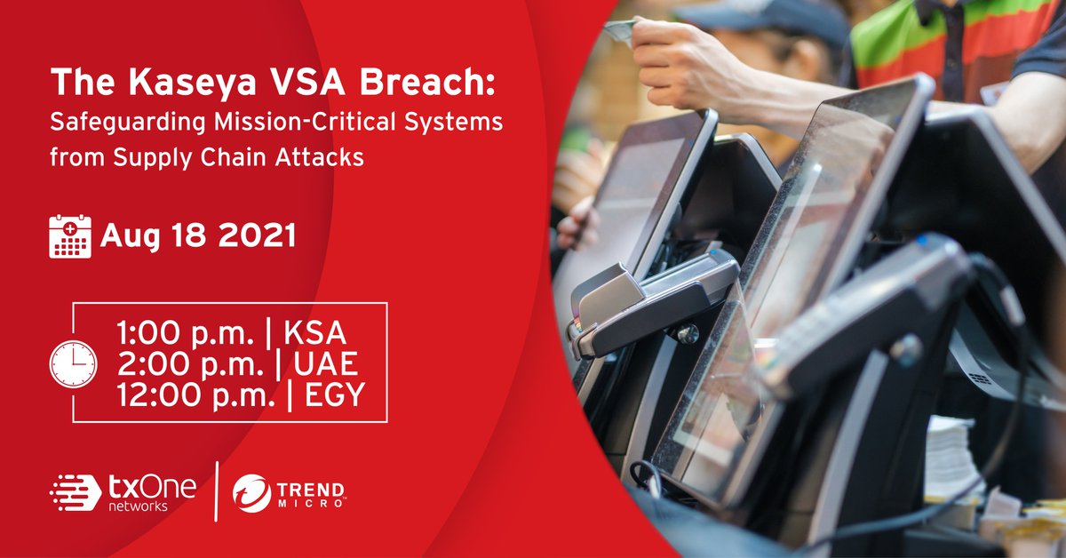 Join us on August 18 for the #Kaseya VSA Breach #webinar, where Mars Cheng and Chiyi Lin analyze the ransomware attacks deployed by #KaseyaVSA, its impact on organizations, and the cyber defense solutions that follow.
 
Register now: bit.ly/37th1Md
 
#TrendMicro