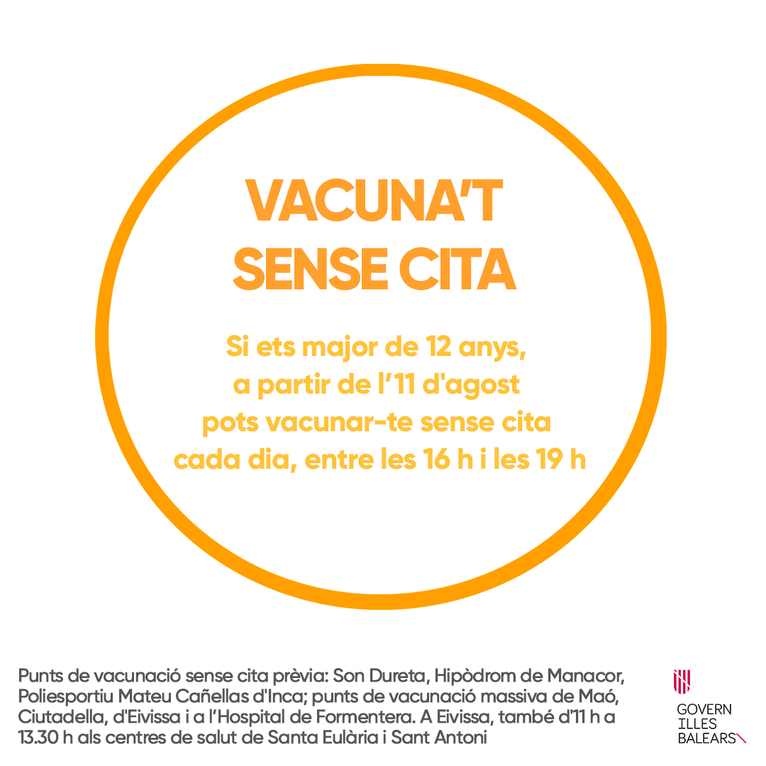 goib's tweet photo. A partir d'avui, pots vacunar-te sense cita prèvia! 

Si tens dubtes sobre la vacuna, t'ho explicam tot a https://t.co/M5J4bOlsP3

Ajuda'ns a protegir-nos https://t.co/Cbc82ACkeP