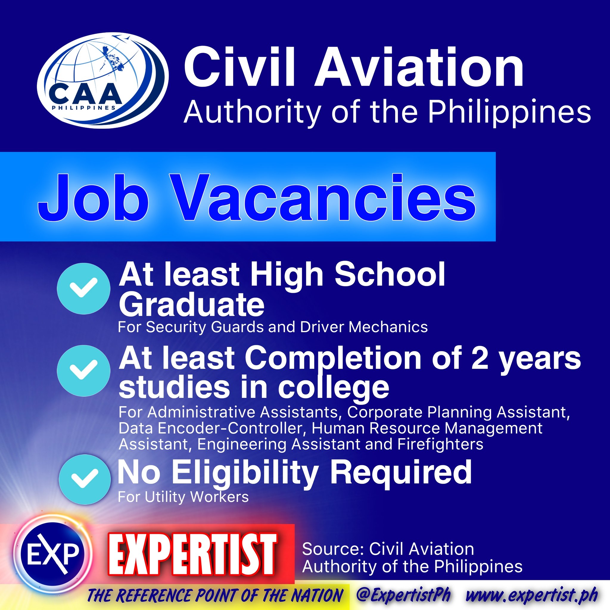 EXPERTIST X CAAP Hiring 2021 At least High School Graduate for some Positions READ FULL https t YahyuEwXEJ FOR MORE JOBS https t SnCnPaE0Sm PhilippineGo ExpertistPh https t lCMyDhdzSj X