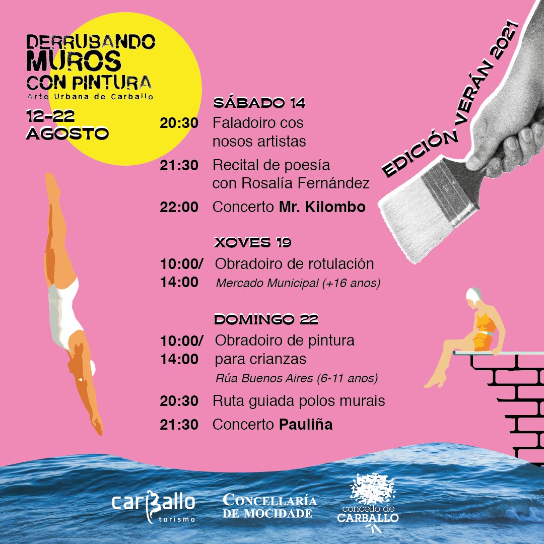 MurosDerrubando's tweet image. Aquí tendes o programa de actividades paralelas de Derrubando muros - Edición Verán! Concertos, faladoiros, obradoiros, un recital poético.... e moita, moita arte durante dez días a partir de mañá 12 de agosto. Apuntádesvos?
ℹ️ derrubandomuros.gal 
#DerrubandoMurosconPintura
