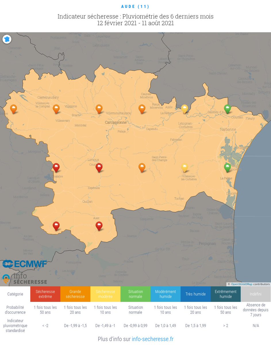 🔴 Situation de #sécheresse dans l'Aude :

🌧️❌ La pluviométrie dans le sud du département ces 6 derniers mois est la plus faible enregistrée depuis 1955 : 281 mm de précipitations contre 456 en moyenne sur cette période.
 
Plus d'infos ➡️ bit.ly/3jR8wR4