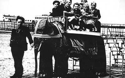HLLancashire's tweet photo. #WorldElephantDay Jumbo was the infamous #Lancashire mechanical elephant created by Frank Smith, seen here giving some very excited children a ride along Morecambe beach in the 1950s. This wonderful image comes from the #RedRoseCollection https://t.co/3aPDeAxsPd https://t.co/TQzetG3HRb