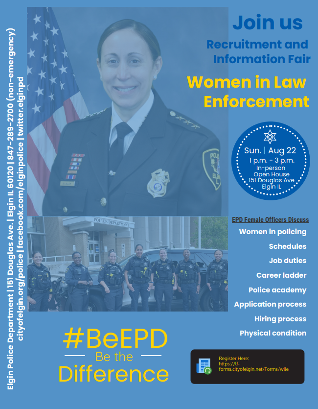 ElginPD's tweet photo. Are you a woman interested in becoming an Elgin police officer, but you have questions about life as an officer? Join us on Sunday, 8/22 from 1-3 p.m. and will discuss what it's like to be a woman in this role,
Register at https://t.co/2bCSiHDyYL #elginil #beEPD #joinEPD https://t.co/tLUyFQPF5l