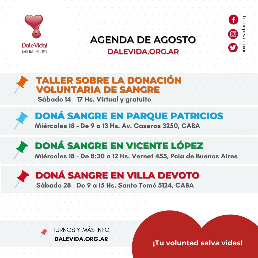 ¡Agendate agosto en #dalevida! + info en dalevida.org.ar Compartí y sumate!