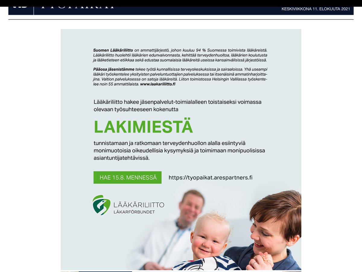 Kiinnittikö joku muukin huomiota tän päivän Hesarissa <a href="/Laakariliitto/">Suomen Lääkäriliitto</a> rekryilmoituksen sukupuolittuneeseen viestintään? Miksei voi käyttää juristi tai asianajaja? Vai haetaanko tässä nimenomaan miestä? Sehän ei ole sallittua. #sukupuolineutraali #rekry #viestintä