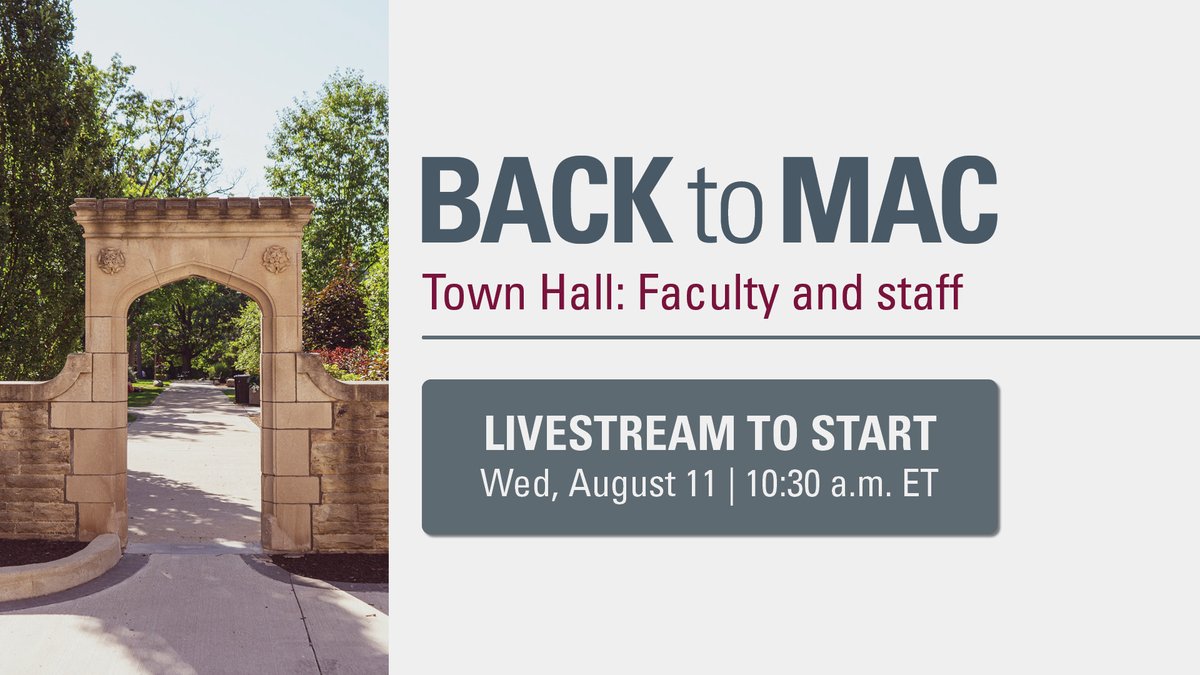 McMasterU's tweet image. Happening today, 10:30am: The virtual town hall for faculty and staff. University leaders will offer up-to-date info on Fall term planning. Catch the livestream or the recording at the #BackToMac website. covid19.mcmaster.ca