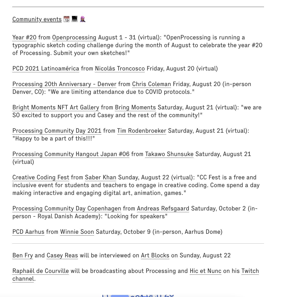 ProcessingOrg's tweet image. These #pcd2021  📆 💻 👩🏽‍🎤events &amp;amp; many others are listed on website - processingfoundation.org/advocacy/pcd-2…. On that page you can find a form to submit your event and see some other ways to participate #pcd2021share &amp;amp; #pcd2021cake